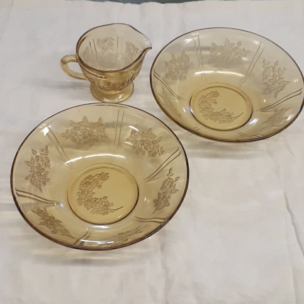 3 pc. Federal Yellow Depression Glass Serving BowlsSharon Cabbage Rose & pitcher